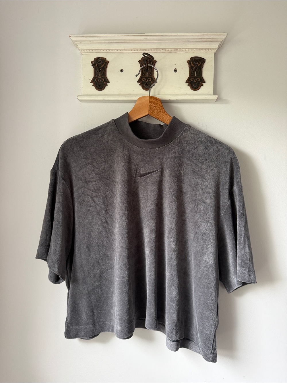 Nike Women's Washed Charcoal Mock Neck Short-Sleeve Terry Tee Oversized Casual